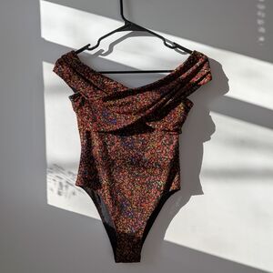 Leith Floral Bodysuit - Black and Red Off Shoulder